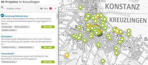 Projektübersicht, Projektkarte mit Projektdetails Projektübersicht, Projektkarte mit Projektdetails