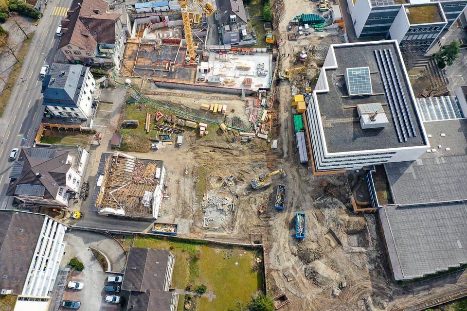 Aus der Vogelperspektive, März 2021, Baustelle Familien- und Freizeitbad Egelsee Erweiterungsbau Familien- und Freizeitbad Egelsee