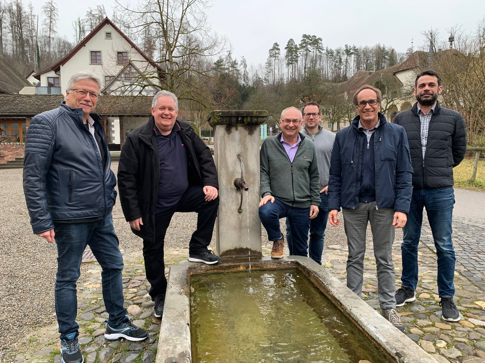 Planen und priorisieren im Kloster: Stadtrat Ernst Zülle, Stadtpräsident Thomas Niederberger, Vize-Stadtpräsident Thomas Beringer, Stadtschreiber Michael Stahl, Stadtrat Markus Brüll-mann und Stadtrat Daniel Moos (v.l.). Stadtrat tagt in Ittingen