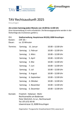 Rechtsberatung TAV, Termine 2025 Rechtsauskunft TAV