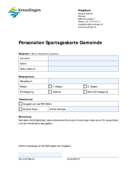 Formular Personalien SBB-Spartageskarte Gemeinde Formular zur Erfassung der Personalien und Reisedaten