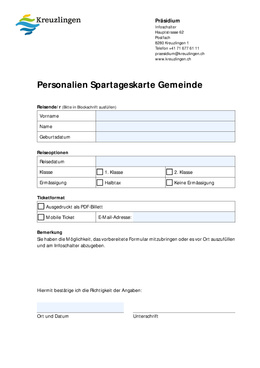 Formular Personalien SBB-Spartageskarte Gemeinde Formular zur Erfassung der Personalien und Reisedaten